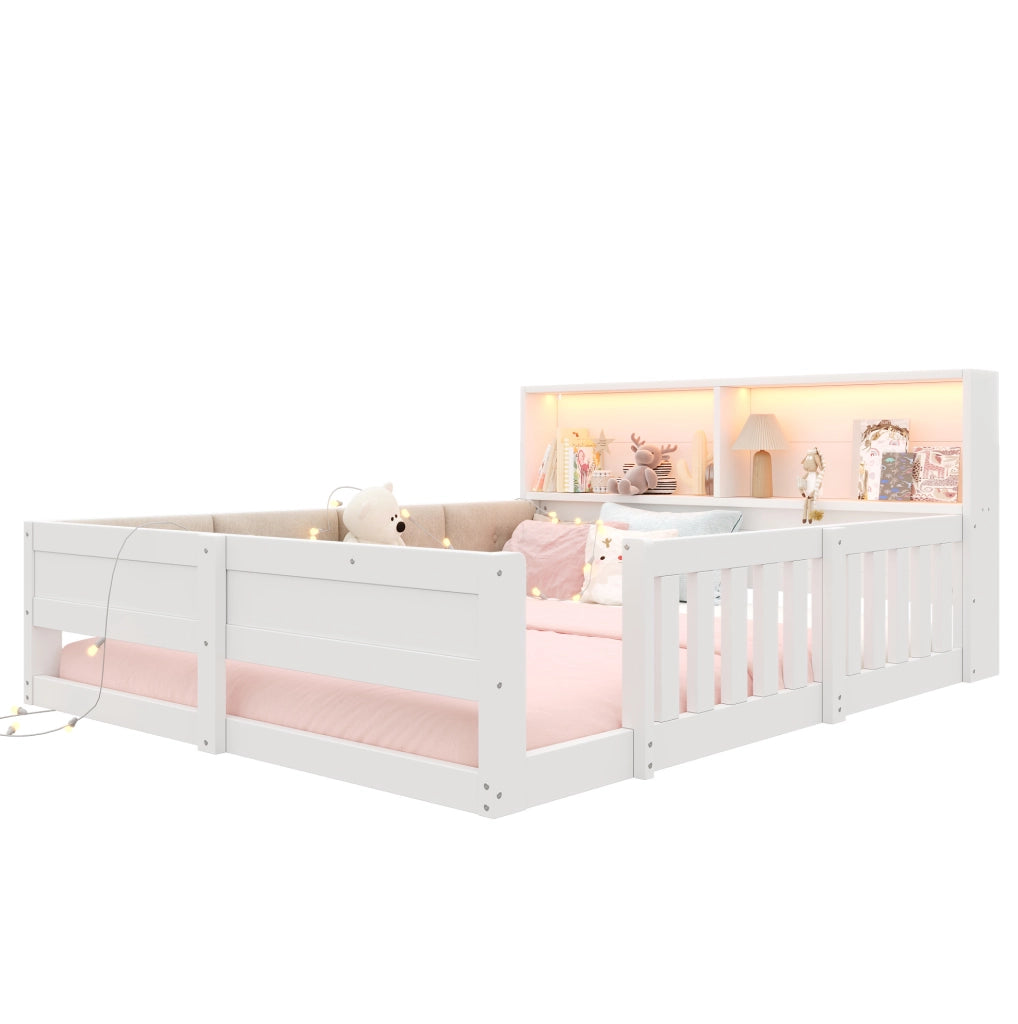 Letto per bambini 140 x 200 cm con sponde, LED e contenitori