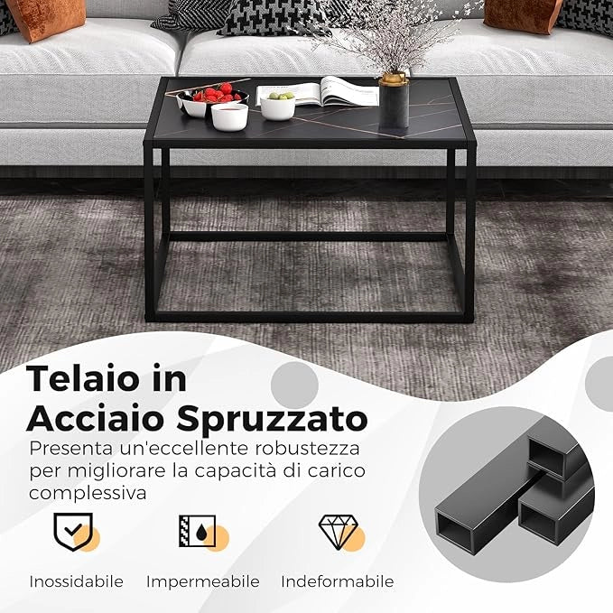 Tavolino da Salotto in Legno, Tavolino Basso con Piano in Finto Marmo e Struttura in Acciaio, Tavolino Basso per Soggiorno e Ufficio, Portata Massima 45 kg, 70 x 70 x 40 cm (Nero)