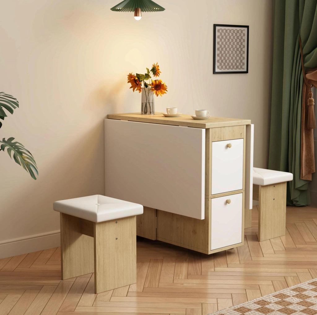 Set tavolo da pranzo pieghevole con 4 sedie; pannello truciolare e PU; bianco effetto rovere