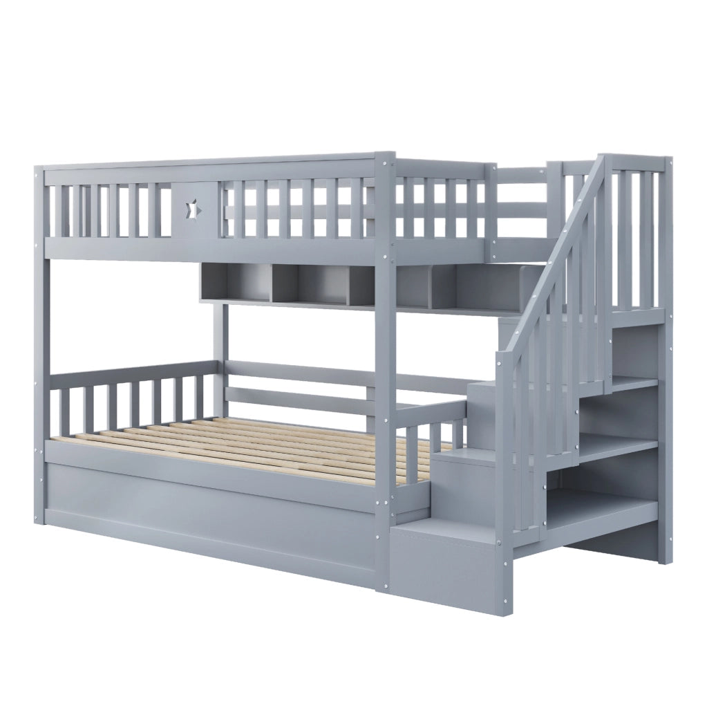 Letto a castello ULEVR 90x200 cm grigio con letto inferiore idraulico, scala contenitore e ripiani