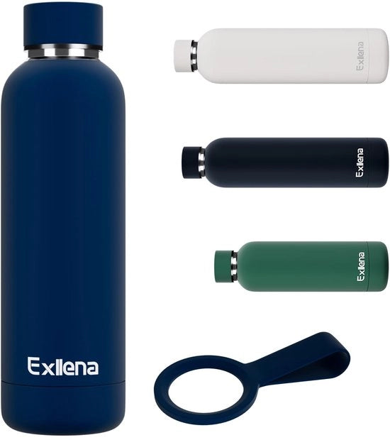 Bottiglia da 500ml in Acciaio Inox con Maniglia in Gomma Silicone per Sport, Ufficio e Viaggio - Funzione di Raffreddamento 24 Ore - Funzione di Riscaldamento 12 Ore - Ermetico (Nero Blu Scuro)