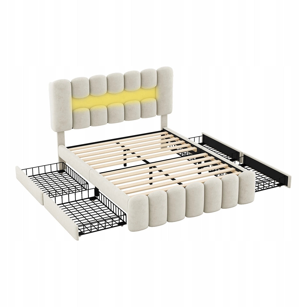 Letto con contenitore 140x200 - Xylo - LED, USB, 4 cassetti, sistema stereo, beige