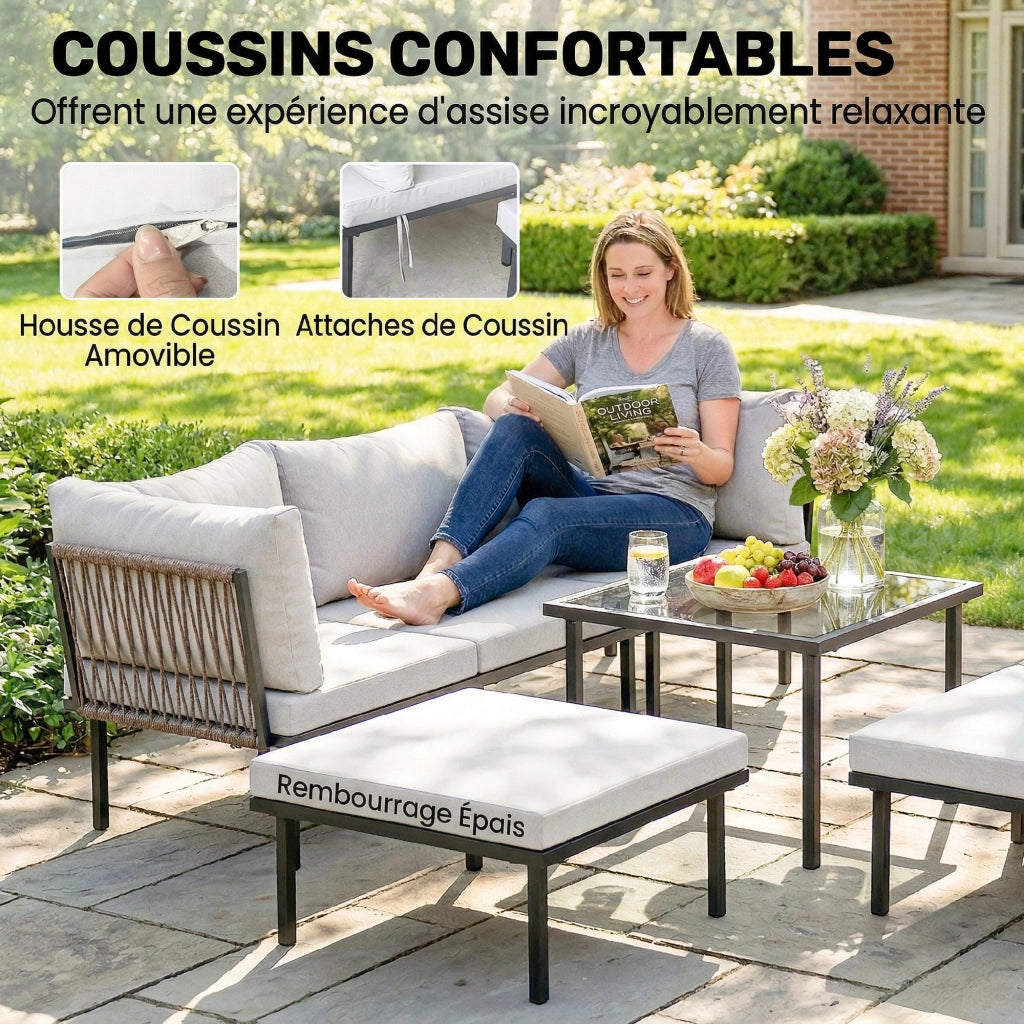 Set da giardino modulare 6 posti con tavolino in vetro ¨C zephmum ¨C grigio chiaro