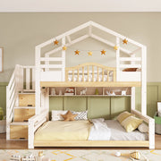 LETTO A CASTELLO 90x200/140x200 cm Bianco e Legno con scala-armadio