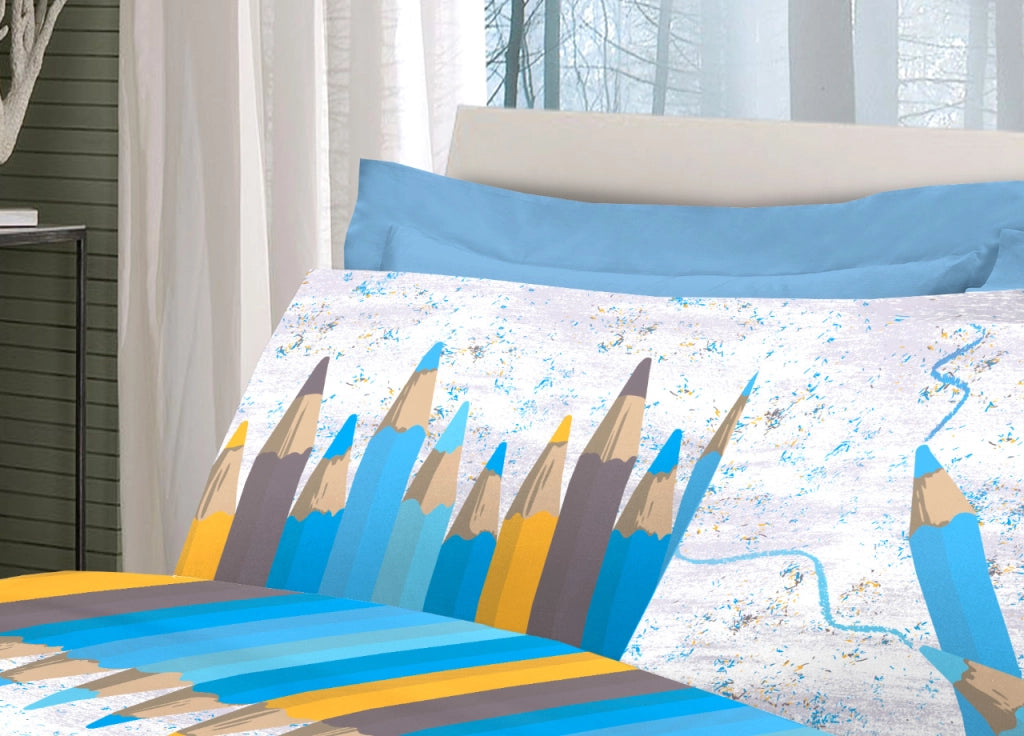 Completo Lenzuola Linea Pensieri Delicati 100% Cotone Disegno Matitoni - Matrimoniale - Blu