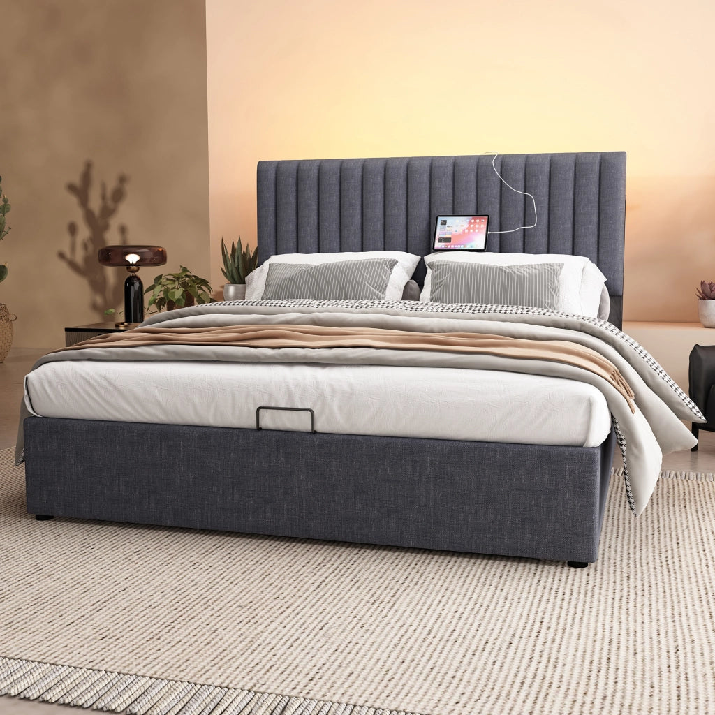 Letti contenitori 140x200 cm con LED e USB; contenitore testiera; lino; grigio (Senza materasso)