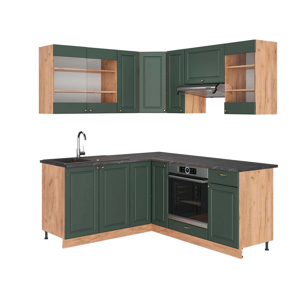 Cucina angolare completa Fame-Line Verde-oro rustico/Rovere dorato 190 x 60 cm, PL Antracite Vicco