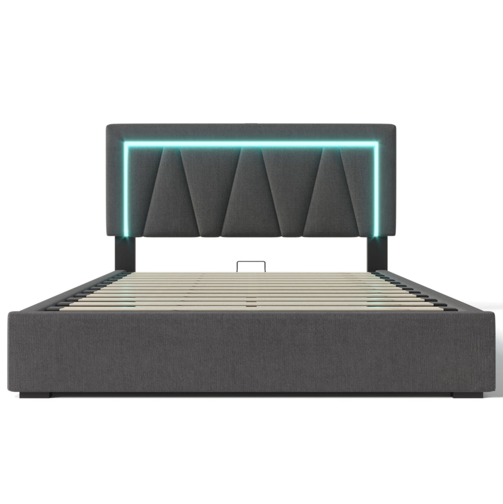 Letto contenitore 160x200 cm con testiera regolabile; LED; USB C; USB; grigio