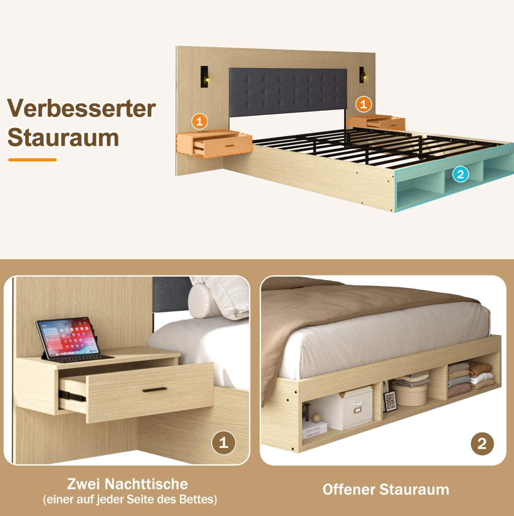 Letto matrimoniale 160x200 cm con luci orientabili; prese USB e Type-C; rovere chiaro in MDF