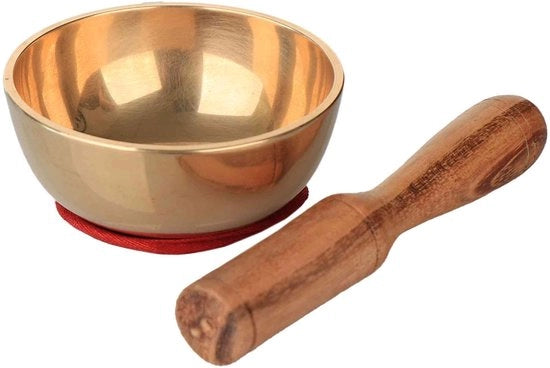 Set di campanelli in ottone - Campanello in ottone - Cucchiaio in legno - Cuscino rosso - Ideale per la meditazione - Diametro 7 cm, altezza 3 cm