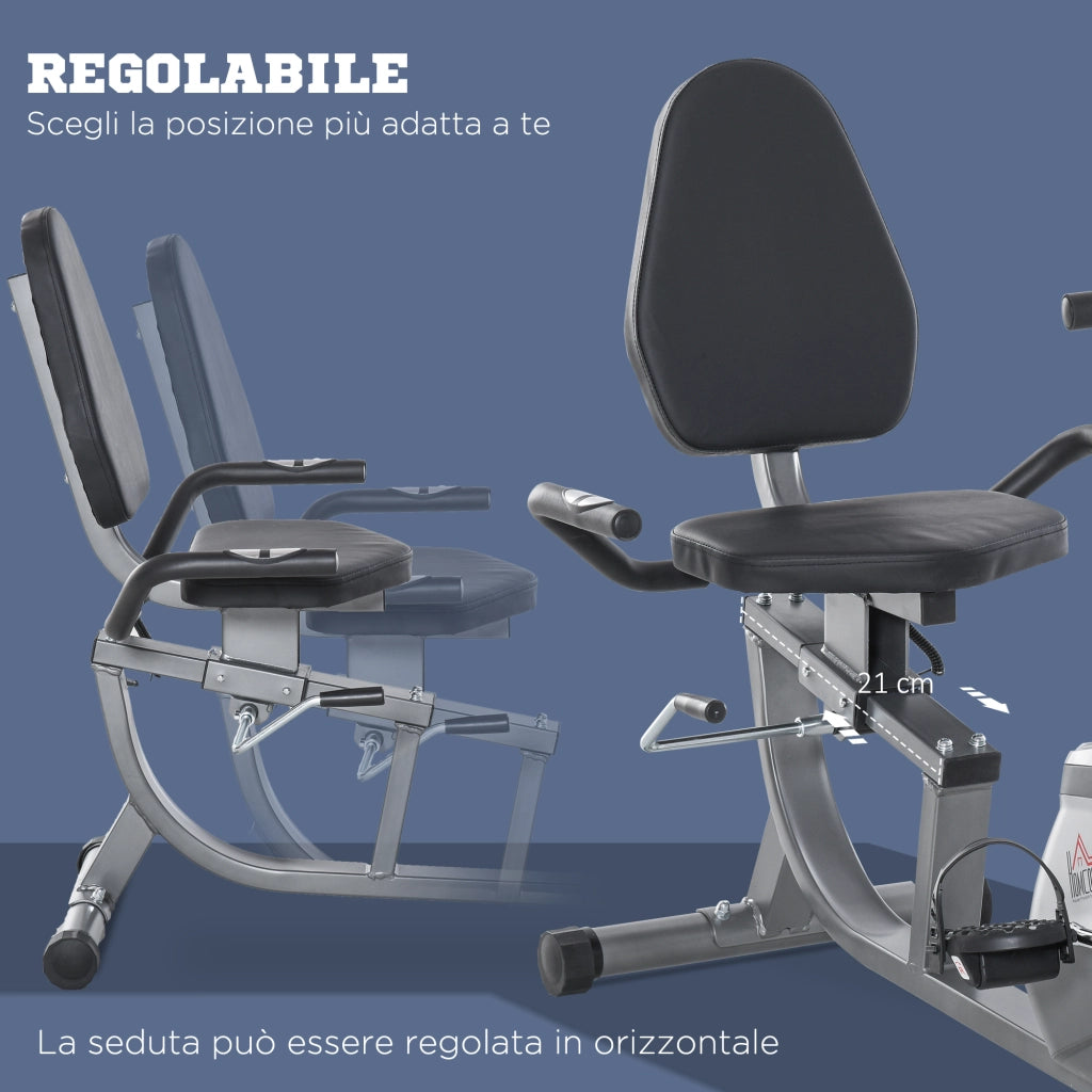 Cyclette Orizzontale con Seduta Regolabile, 8 Resistenze e Display LCD ¨C Xylo ¨C 121.5-136x62.5x98cm, Grigio
