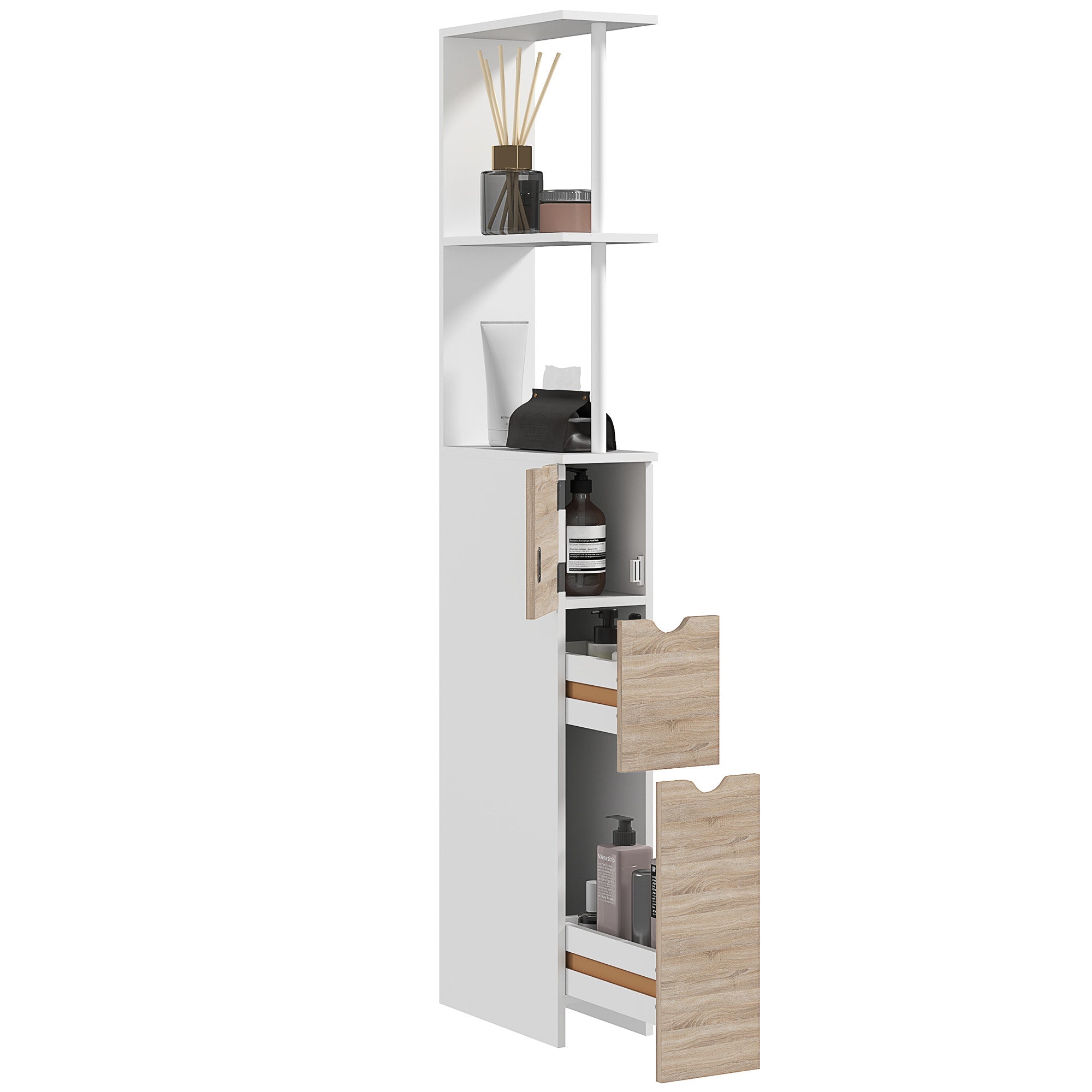 Mobile Colonna Bagno Salvaspazio  15x33x136 cm con Armadietto e Ripiani Legno e Bianco