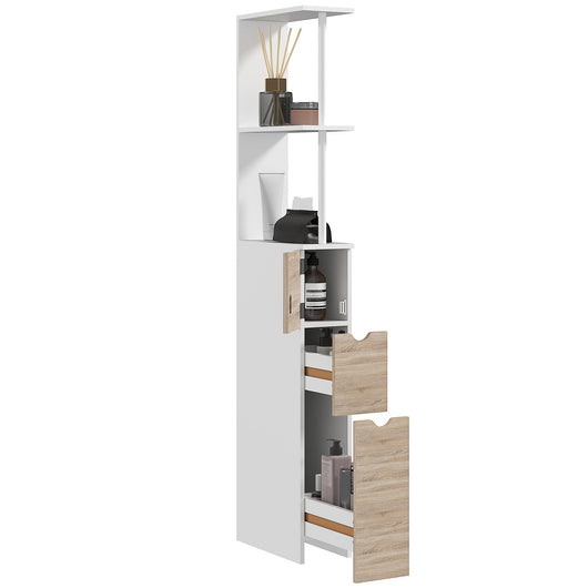 Mobile Colonna Bagno Salvaspazio  15x33x136 cm con Armadietto e Ripiani Legno e Bianco