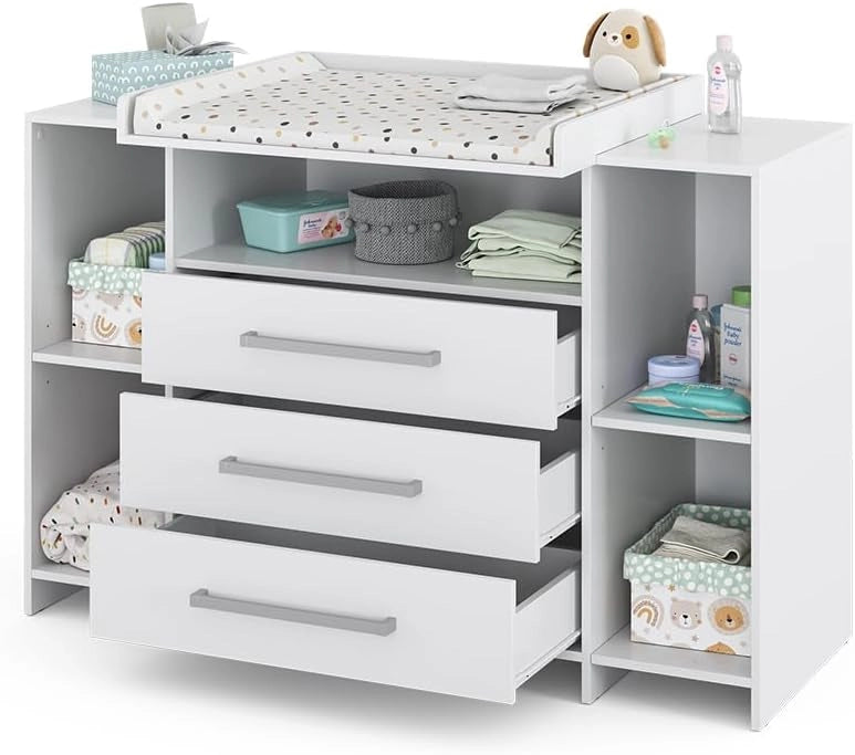 Fasciatoio Oskar, Bianco, 143 x 100 cm XL con cassetti, adatto come fasciatoio con area di appoggio estensibile