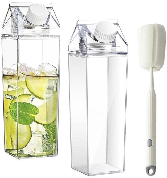 YUNXCNA 2-pack contenitore per latte, 1000 ml contenitore per acqua trasparente, biberon per latte riciclabile, contenitore per latte a forma quadrata, contenitore per sapone con spazzola, per campeggio, attività all'aperto
