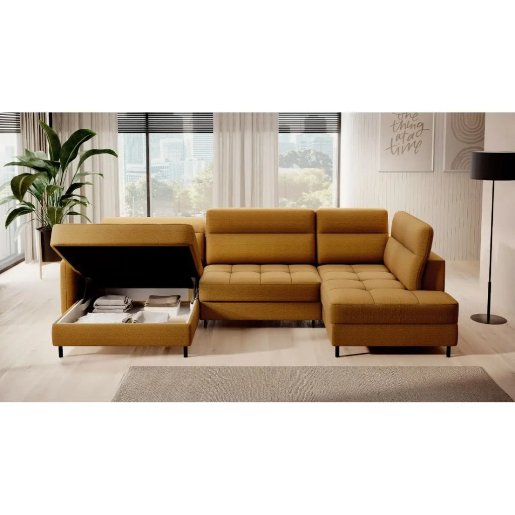 Divano angolare convertibile BERTHO 306 cm giallo arancio – Angolo sinistro con contenitore