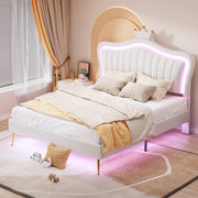 DESMIU Letto per bambini 140 × 200 cm 2 posti con LED regolabile e testiera regolabile, senza materasso, bianco