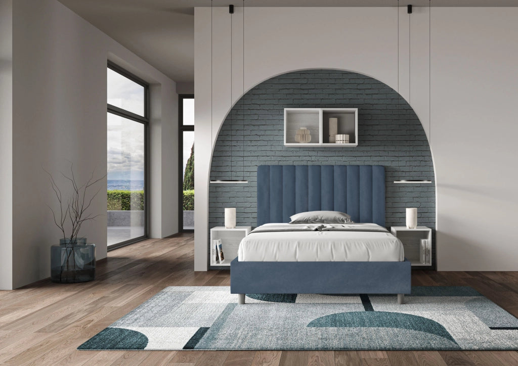 BS COM Letto una piazza e mezza senza rete imbottito 120x190 microfibra blu