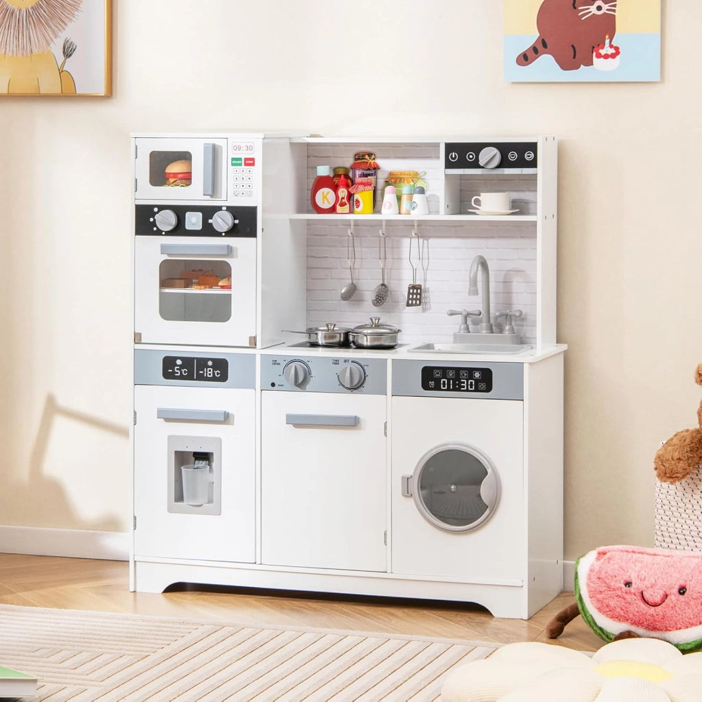 Cucina Giocattolo in Legno per Bambini con Forno, Microonde, Lavello, Rubinetto e Lavatrice, Luci e Suoni Realistici, 3+ Anni