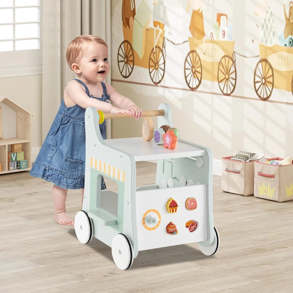Girello 2 in 1 per Bambini, Carrello Primi Passi in Legno con Spazio di Archiviazione, Negozio di Dolci con Gelati, Cursori, Labirinto, Piatto e Cucchiaio, Centro Attività per 1+ Anni (Verde)