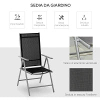 Sedia da Giardino Pieghevole in Alluminio e Texteline Schienale Regolabile a 7 Livelli, Nero 65x55x85-105cm