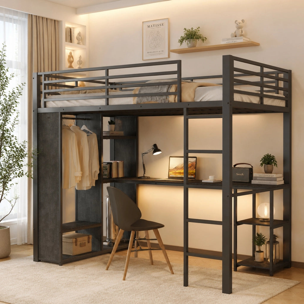 Letto a soppalco singolo 90 × 200 cm con scrivania, ripiani, armadio aperto, LED, USB et Type-C, senza materasso, nero