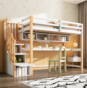 Letto a soppalco per bambini 90x200 cm bianco e rovere con scrivania, scale e scaffali