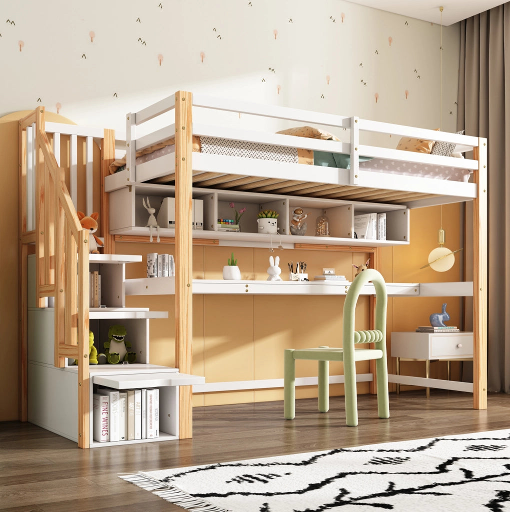 Letto a soppalco per bambini 90x200 cm bianco e rovere con scrivania, scale e scaffali