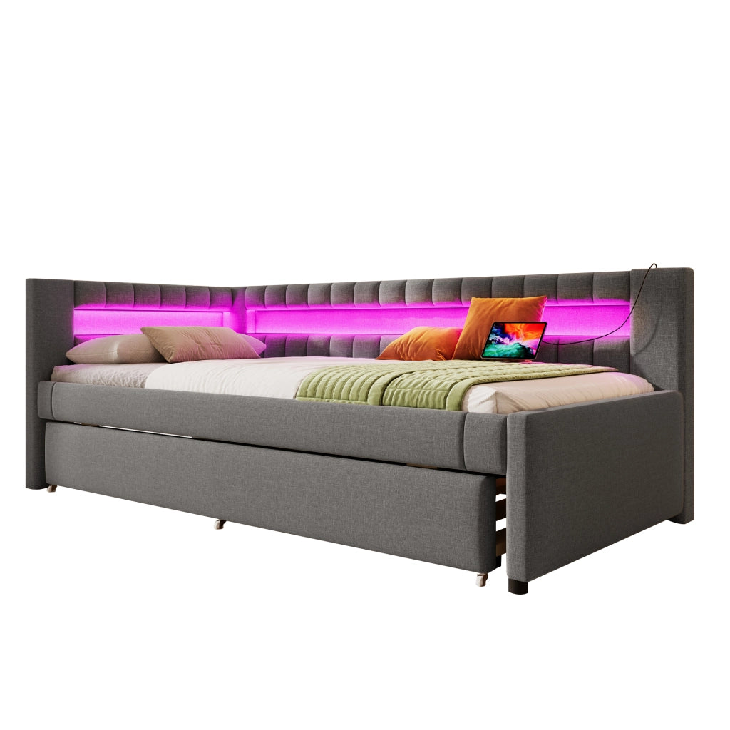 Divano letto pieghevole con LED e USB 90x200 cm colore grigio lino