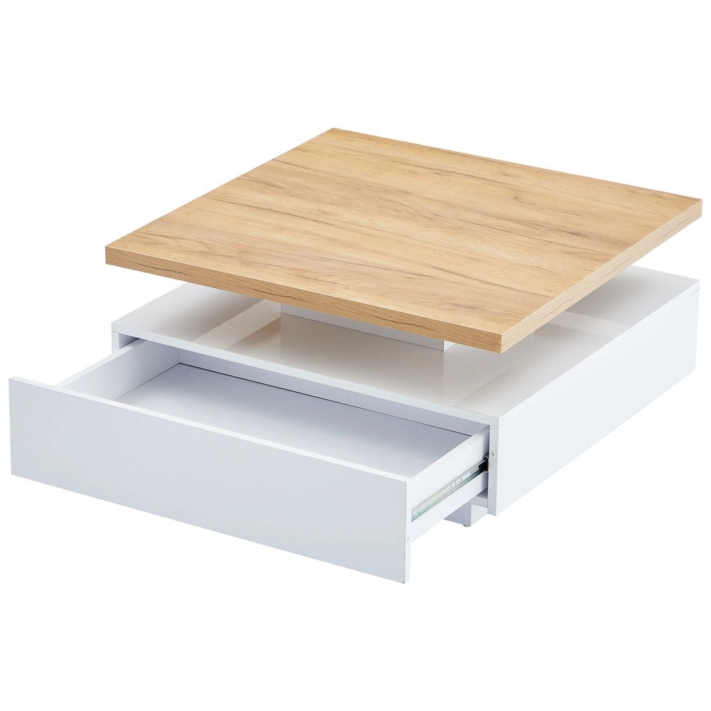 Tavolino da Salotto Girevole 360¡ã con Cassetti e Ripiano ¨C Xylo ¨C Bianco Lucido, Effetto Noce