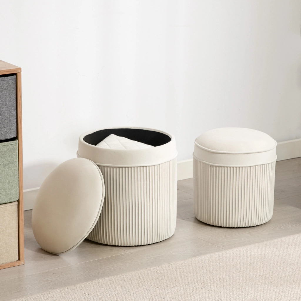 Pouf tondo con coperchio e cassetti ¨C Zephmum ¨C Cr¨¨me, velluto, ? 36 e 32 cm