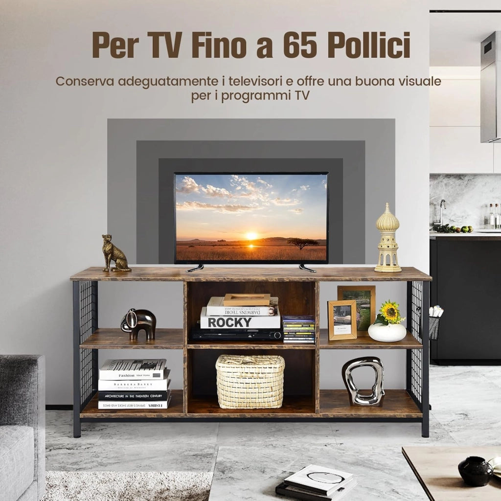 Mobile TV Industriale Fino a 65", Tavolo Multimediale a 3 Ripiani con Cesto Portaoggetti, Mobile TV in Legno con 2 Fori per La Gestione dei Cavi, 140 x 40 x 63 cm