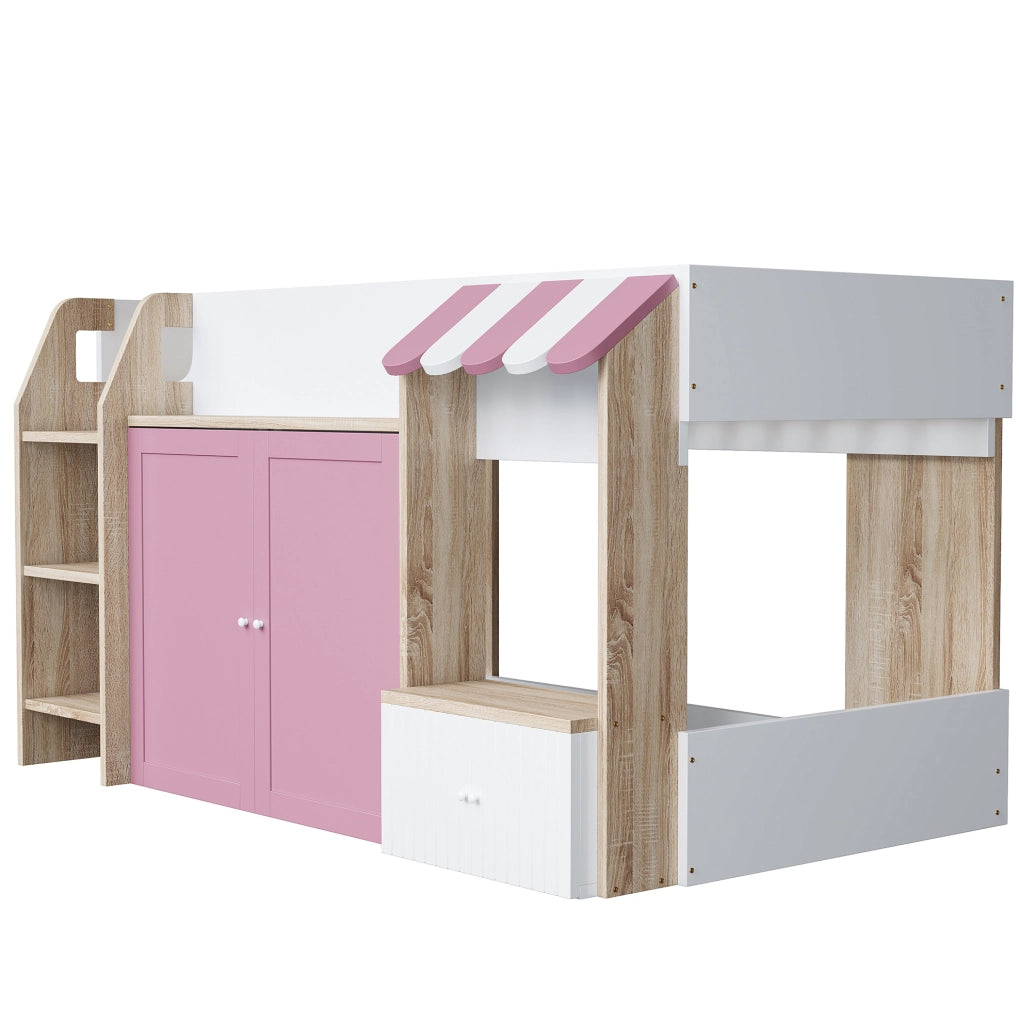 Letto a soppalco basso per bambini 90x200 cm con scala; vani contenitore e design casetta; rosa e bianco