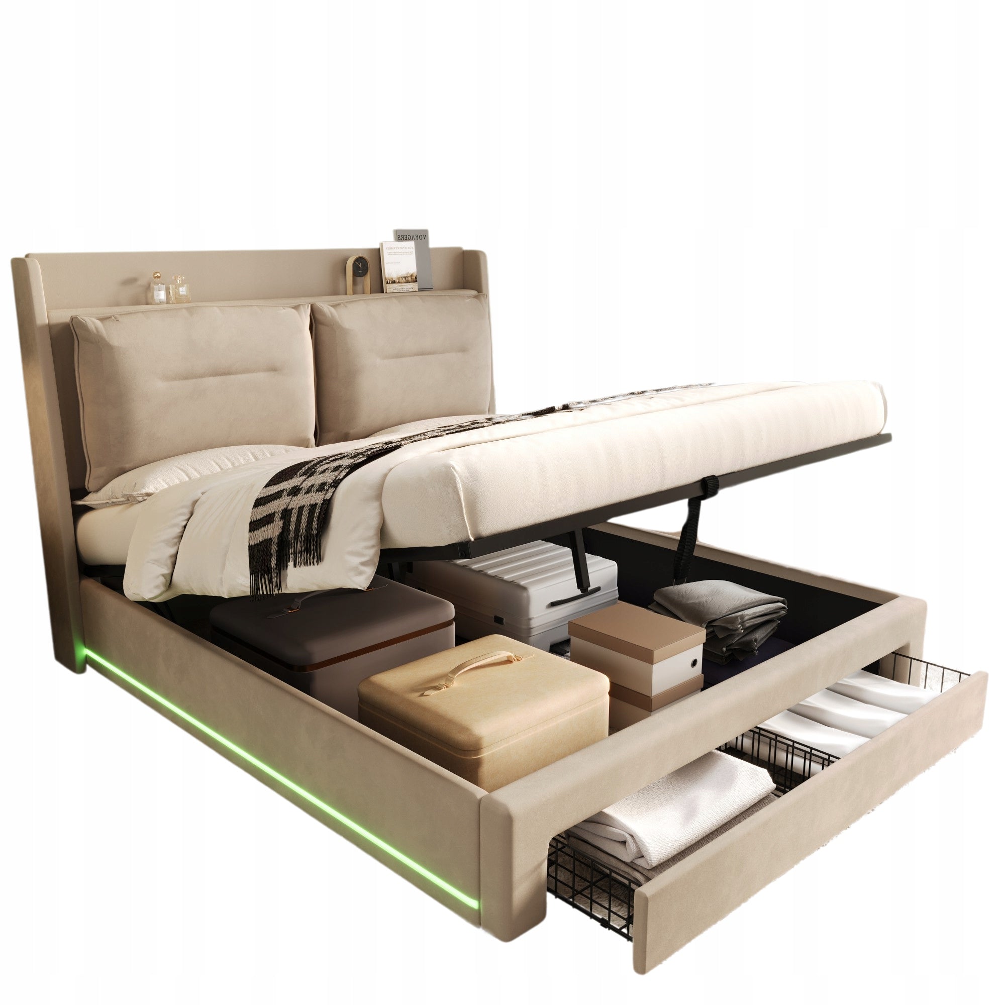 Letto imbottito LED 180x200 - Xylo - Colore beige velluto