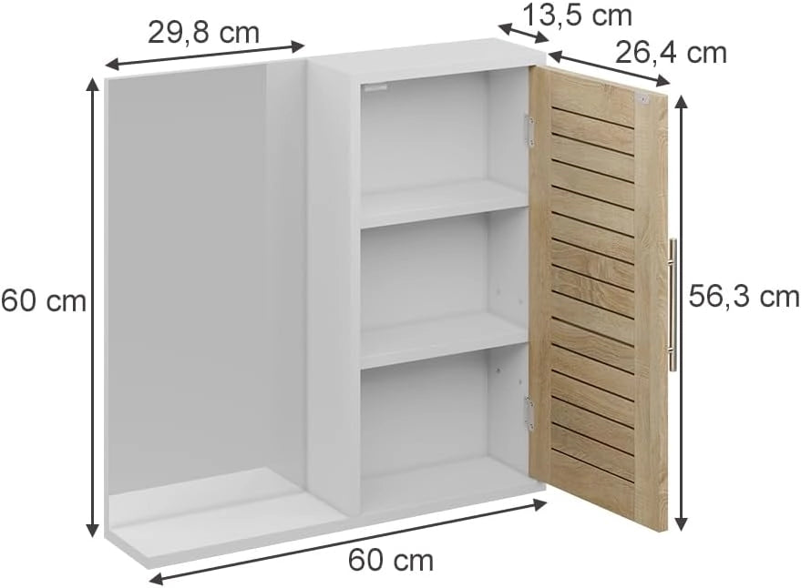 Specchio contenitore bagno Looma, Bianco/quercia, 60 x 60 cm con 3 scomparti, utilizzabile come armadio sovrapponibile per lavatrice o WC