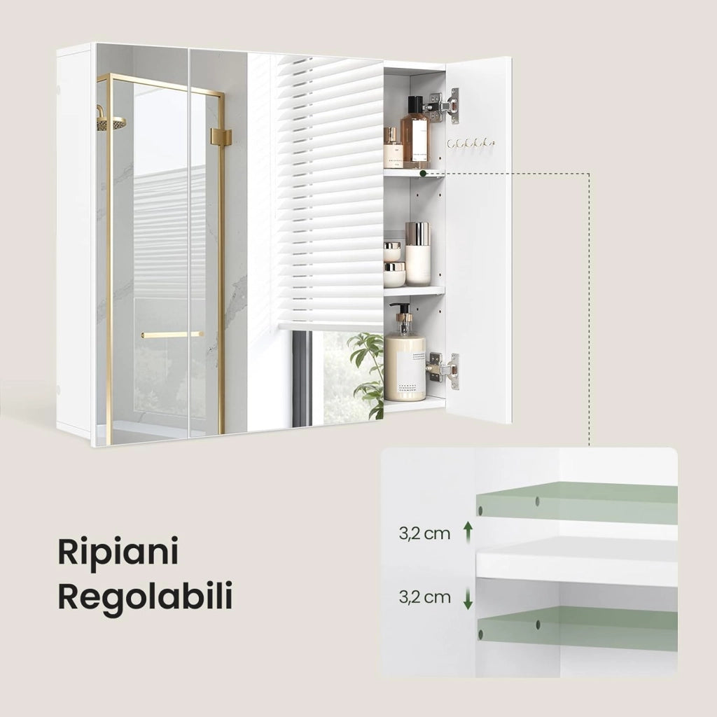 Armadietto Bagno con Specchio, Mobile Bagno Sospeso, con 3 Ante, Ganci, Ripiani Regolabili, Stile Nordico, Bianco, 70x14,5x61 cm