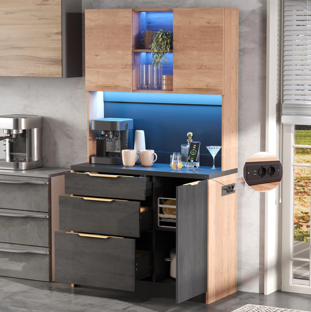 Mobile cucina alto moderno 100 x 40 x 180 cm in MDF; finitura effetto cemento e legno; nero