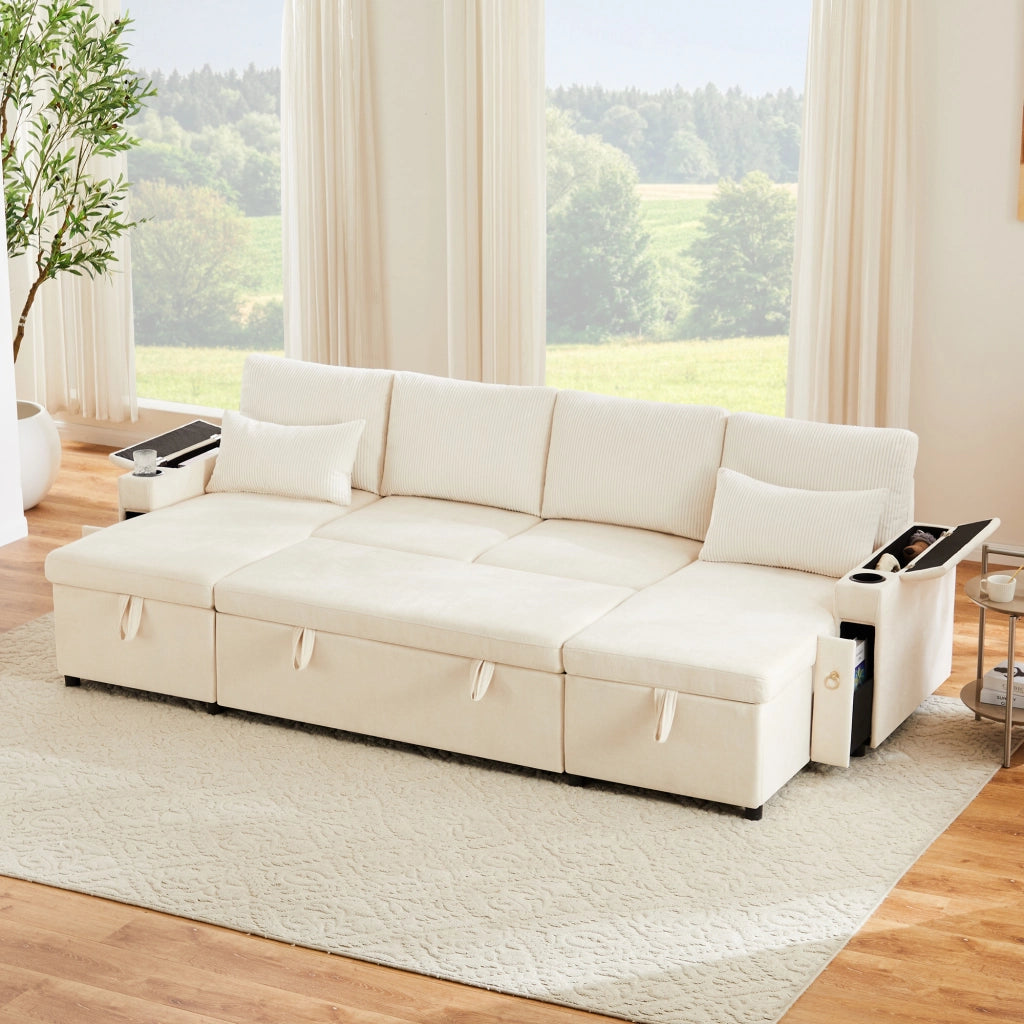 Divano letto modulare 4 posti - con contenitore - in chenille e corduroy - beige
