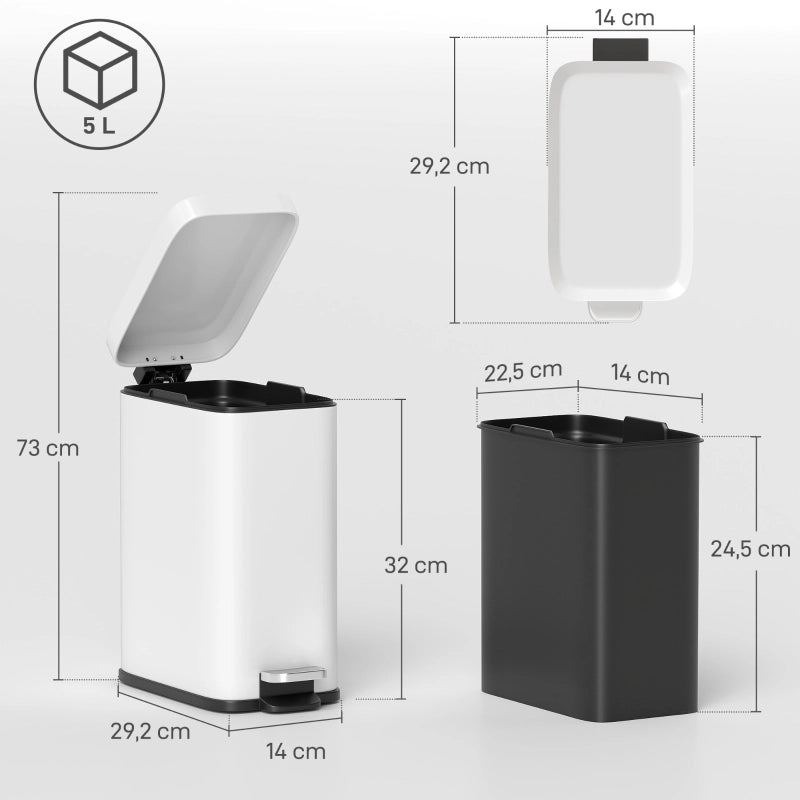 Pattumiera a pedale 5 L in metallo con secchio interno rimovibile, bianco