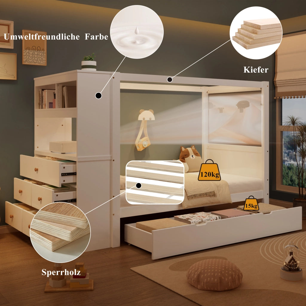 Letto singolo bianco con funzione contenitore in legno massello e mdf 90x200 cm