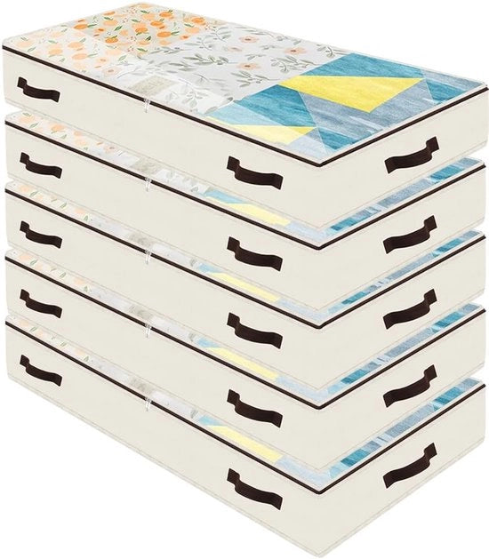 5 Pacchi di Cestini per Sottoletto in Pelle Basse con 4 Maniglie e Cerniera Translucida - 97 x 50 x 14 cm - Beige