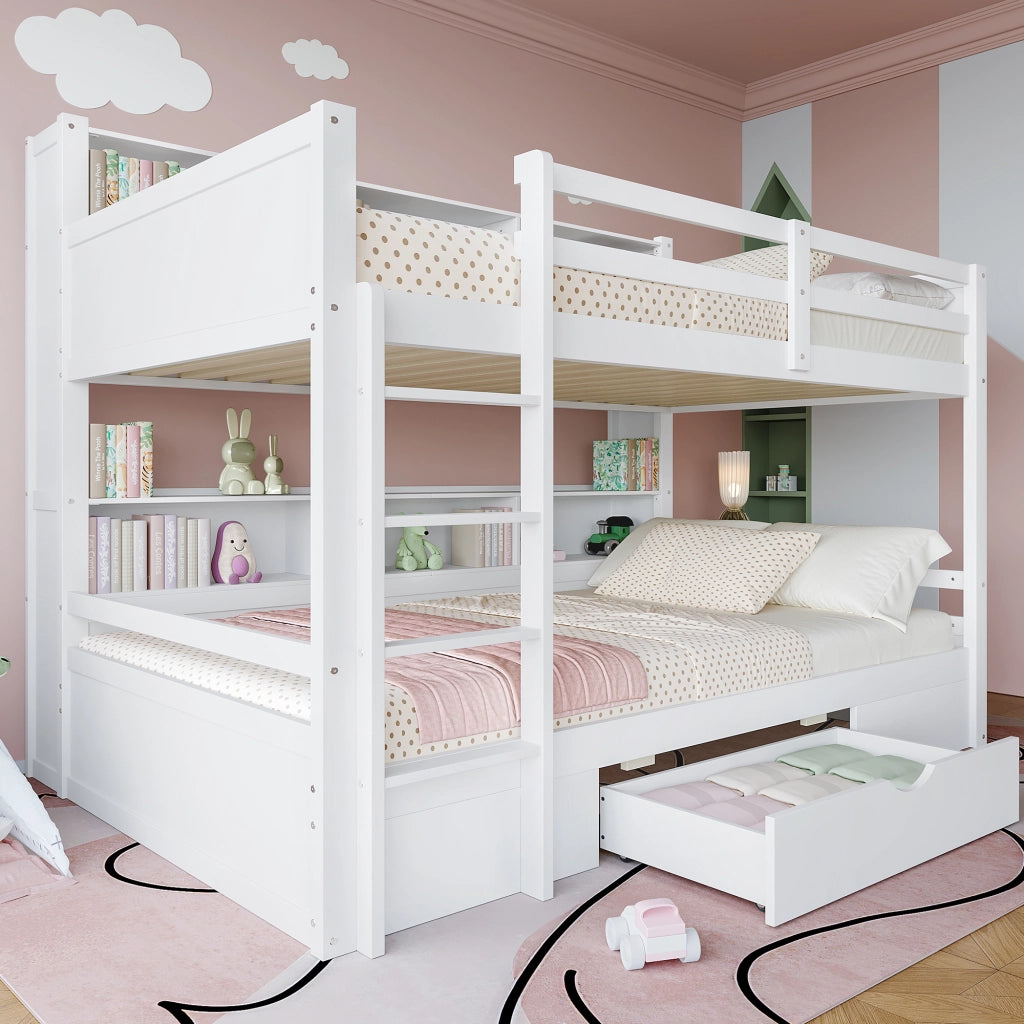 LETTO A CASTELLO 90x200 cm Legno di pino bianco con cassetto e vani portaoggetti