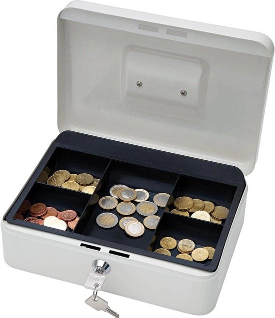 Cassetto di denaro in acciaio verniciato a specchio - Maniglia ritraibile - 5 monete da inserire - Cilindro di sicurezza - 25 x 18 x 9 cm - Bianco