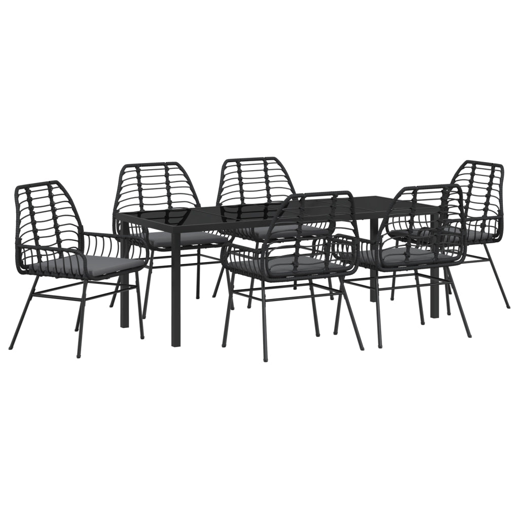 Set da Pranzo da Giardino 7 Pezzi con Cuscini Nero Polyrattan