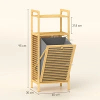 Mobile Bagno a Doghe con Cesto Portabiancheria e Armadietto, in Bambù e Poliestere, 40x30x95 cm, Grigio e Legno