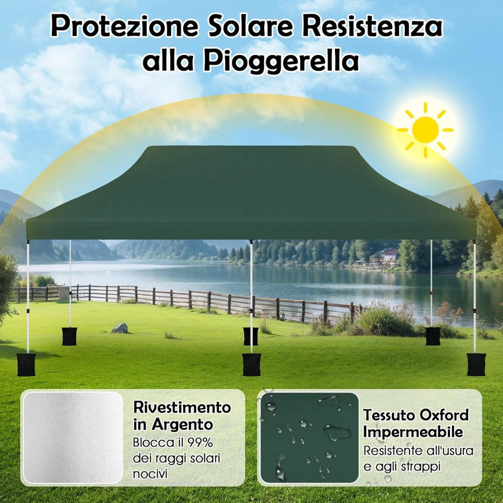 Gazebo Pieghevole da Giardino 3 x 6m, Gazebo Pop-up con Borsa da Trasporto, Regolabile in Altezza, per Feste (Verde)