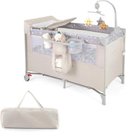 5 in 1 Lettino per Bambini con Materasso, Lettino Culla da Viaggio per Neonati, Culla Neonato con Fasciatoio, Box Portatile Pieghevole, con Ruote e Borsa, 125 x 65 x 119 cm (Beige)