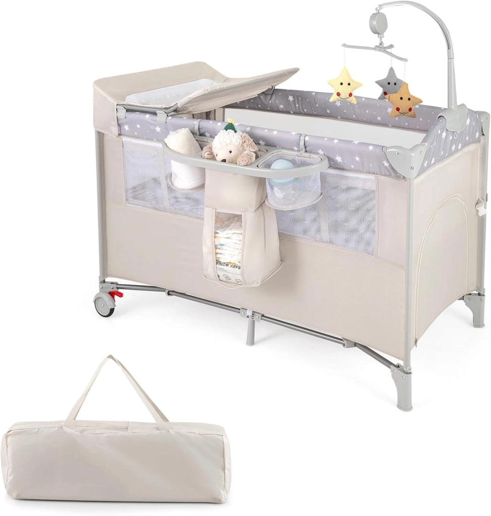 5 in 1 Lettino per Bambini con Materasso, Lettino Culla da Viaggio per Neonati, Culla Neonato con Fasciatoio, Box Portatile Pieghevole, con Ruote e Borsa, 125 x 65 x 119 cm (Beige)