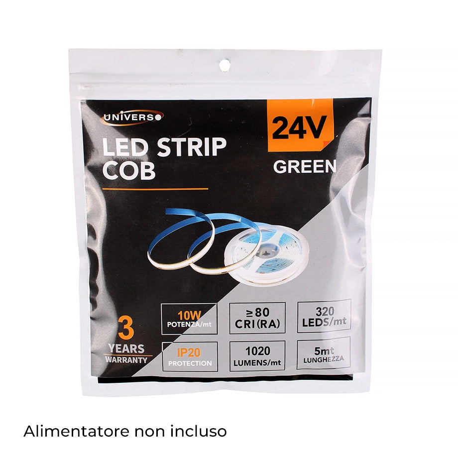 STRISCIA LED COB 5M TAGLIABILE LUCE VERDE A 24V - ALTA LUMINOSITA' FLESSIBILE E TAGLIABILE