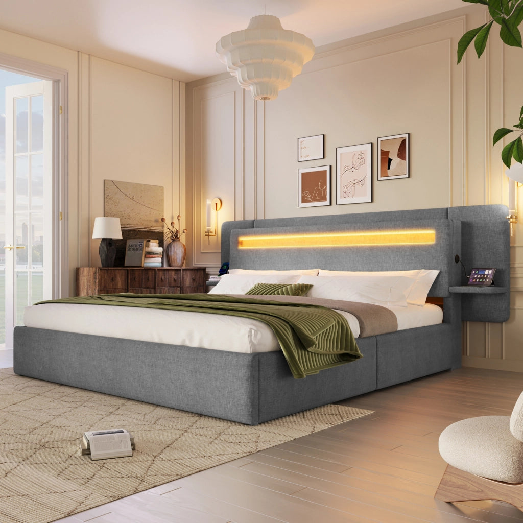 Letto imbottito 180x200 cm con contenitore ad alzata idraulica; LED multicolore e USB; grigio